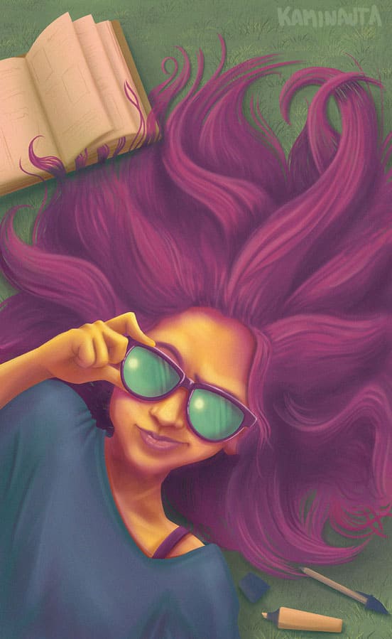 illustration woman with sun glasses and purple hair