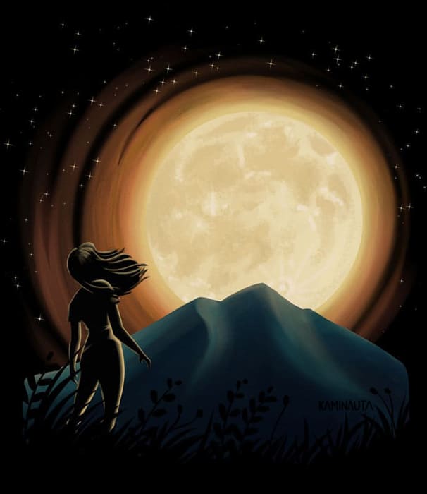 A woman looking at the moon at night illustration