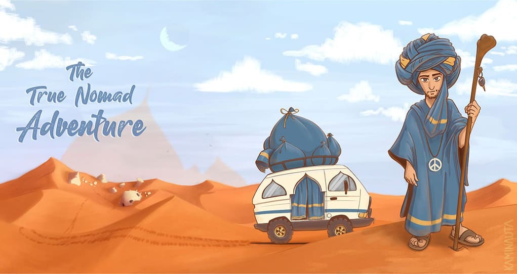 A nomad with a van in a desert illustration