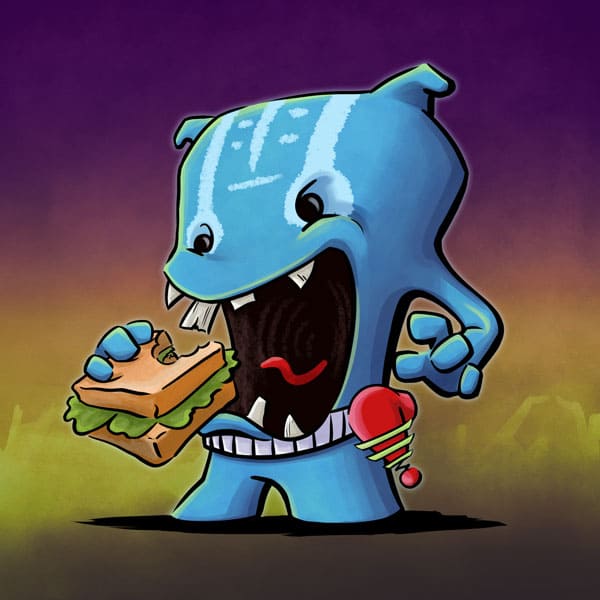Blue alien eating a sandwich cartoon